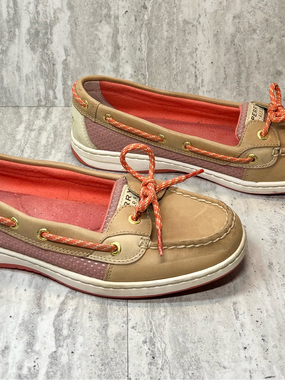 Sperry Top Sider Tan Leather and Coral Boat Shoes Slip Ons Loafers Sz 9M - Picture 5 of 7
